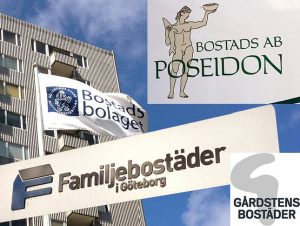 Loggor för Göteborgs kommunala bolag Familjebostäder, Poseidon, Gårdsstensbostäder och Bostadsbolaget, framför en husfasad.